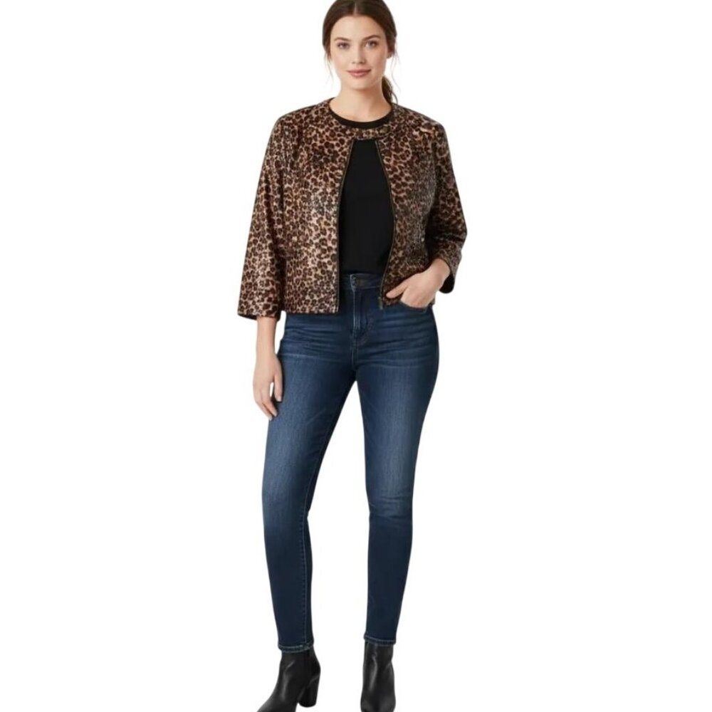 Rudy Rd. Shiny Textured Cheetah Print Zip Front Crop Bomber Jacket Women's Sz 18